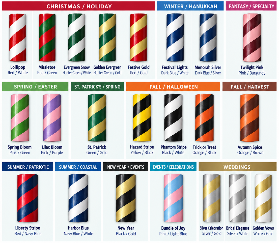 Primelite Seasonal Stripes decorative pole color combinations for holidays weddings events and custom themes