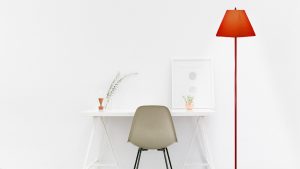In a white room with bright colors